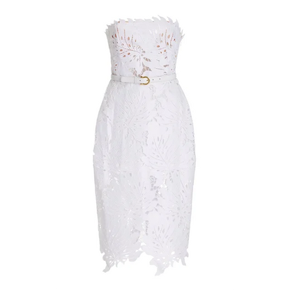 White Midi Dress Flower Cut-Out Elegant Party Dress - - dress