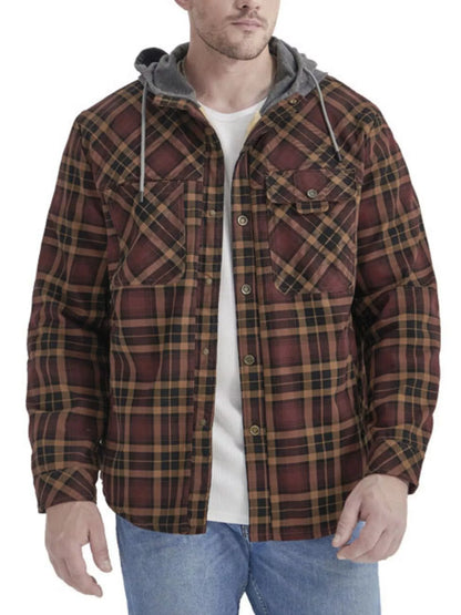 Men's Snap Down Plaid Flannel Hooded Jacket - Coffee -