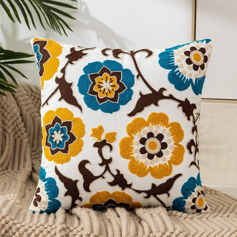 Flower Pillow Cover Embroidered Canvas Wool 18*18 Inch