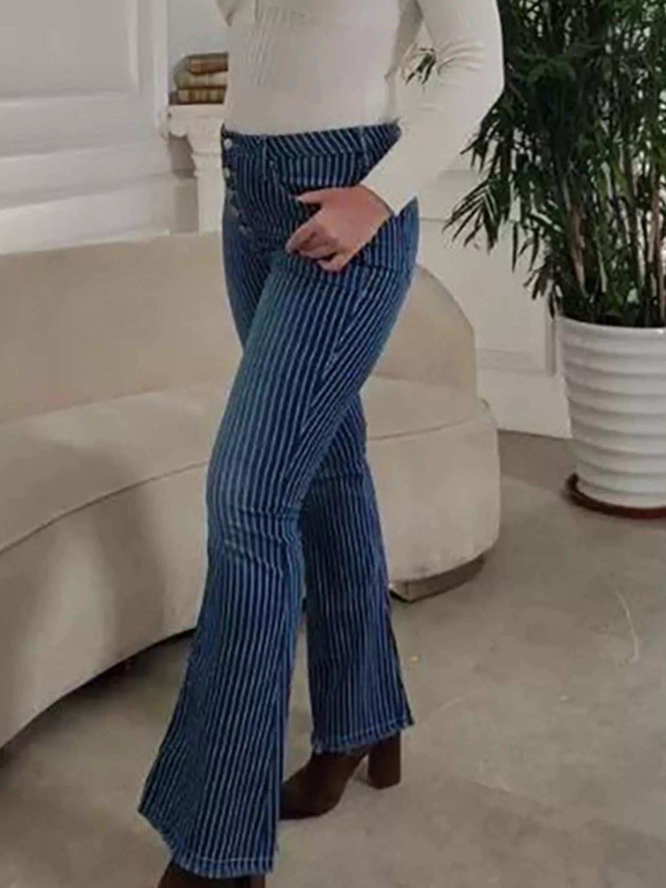 Striped Button Fly Flare Jeans - -