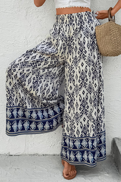 Blue Boho Pattern Print High Waist Wide Leg Loose Pants - - Bottoms/Pants & Culotte