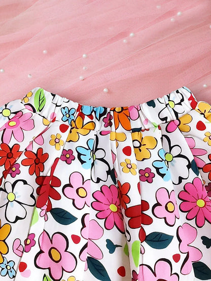 Children's Floral Graphic Ruffle Sleeve Top & Skirt Set - -