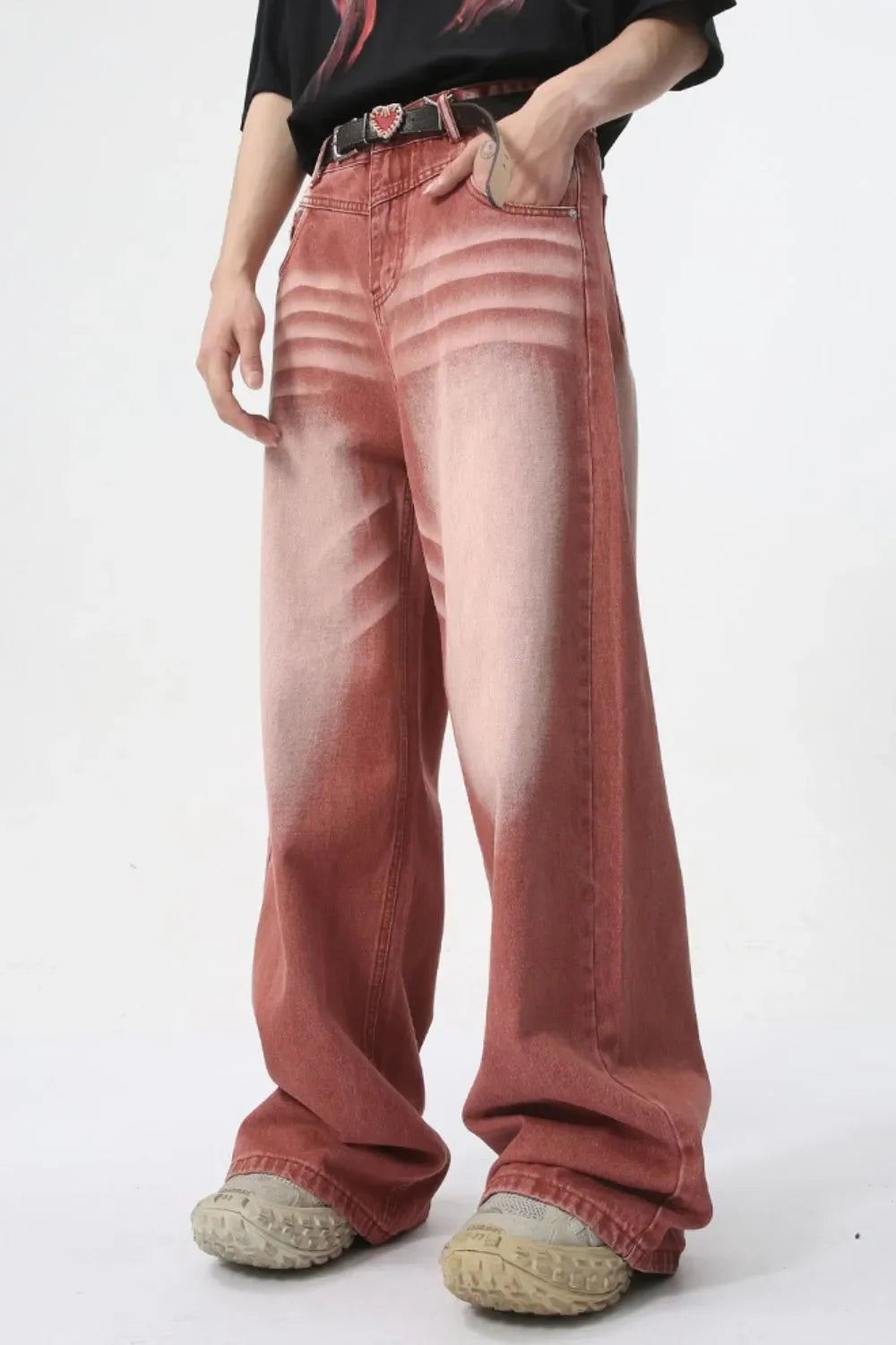 Men's Washed Wide Leg Jeans - -