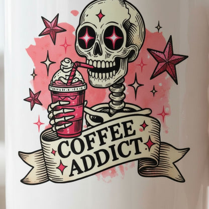 Coffee Addict Mug – Pink Skull Coffee Cup | Funny Caffeine Lover Gift, Ceramic, Dishwasher Safe - -