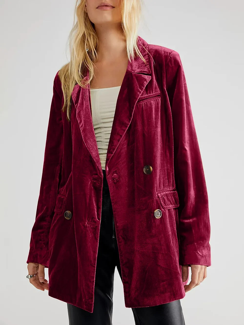 Lapel Collar Long Sleeve Blazer with Pockets - Burgundy -