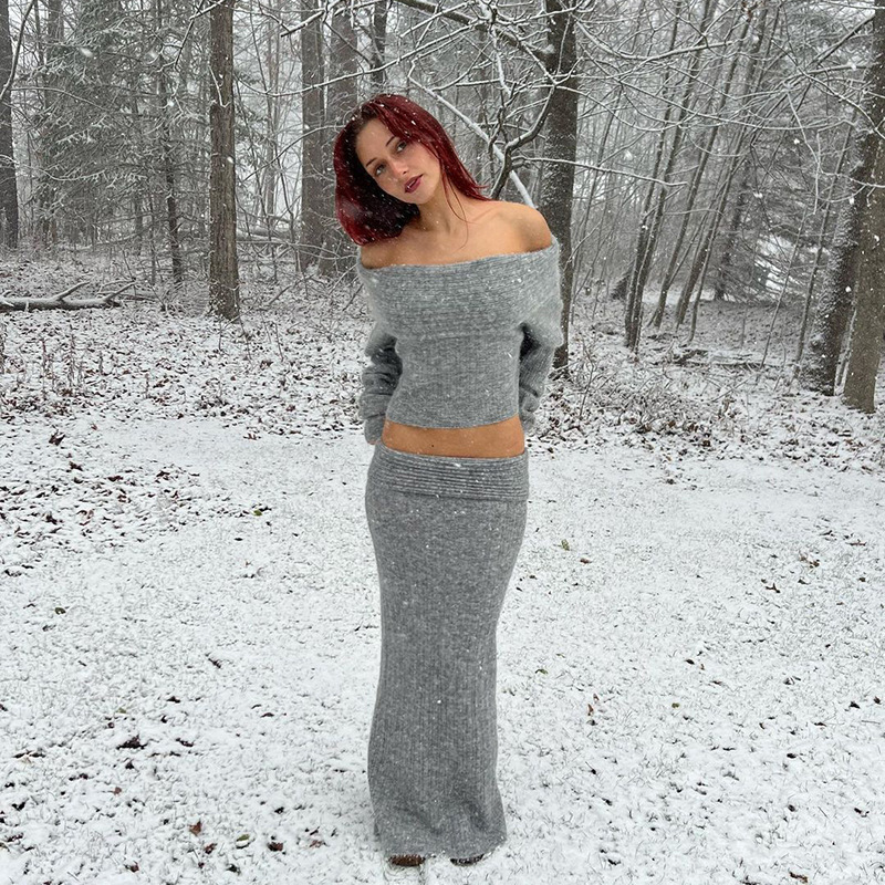 Trendy Off-Shoulder Top Loose Fit with Extra-Long Sleeves for Women - Gray Suit S - Women's Fashion - Women's Clothing - Sweaters