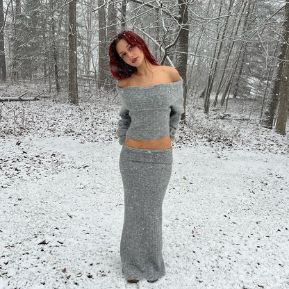 Trendy Off-Shoulder Top Loose Fit with Extra-Long Sleeves for Women - Gray Suit S - Women's Fashion - Women's Clothing - Sweaters