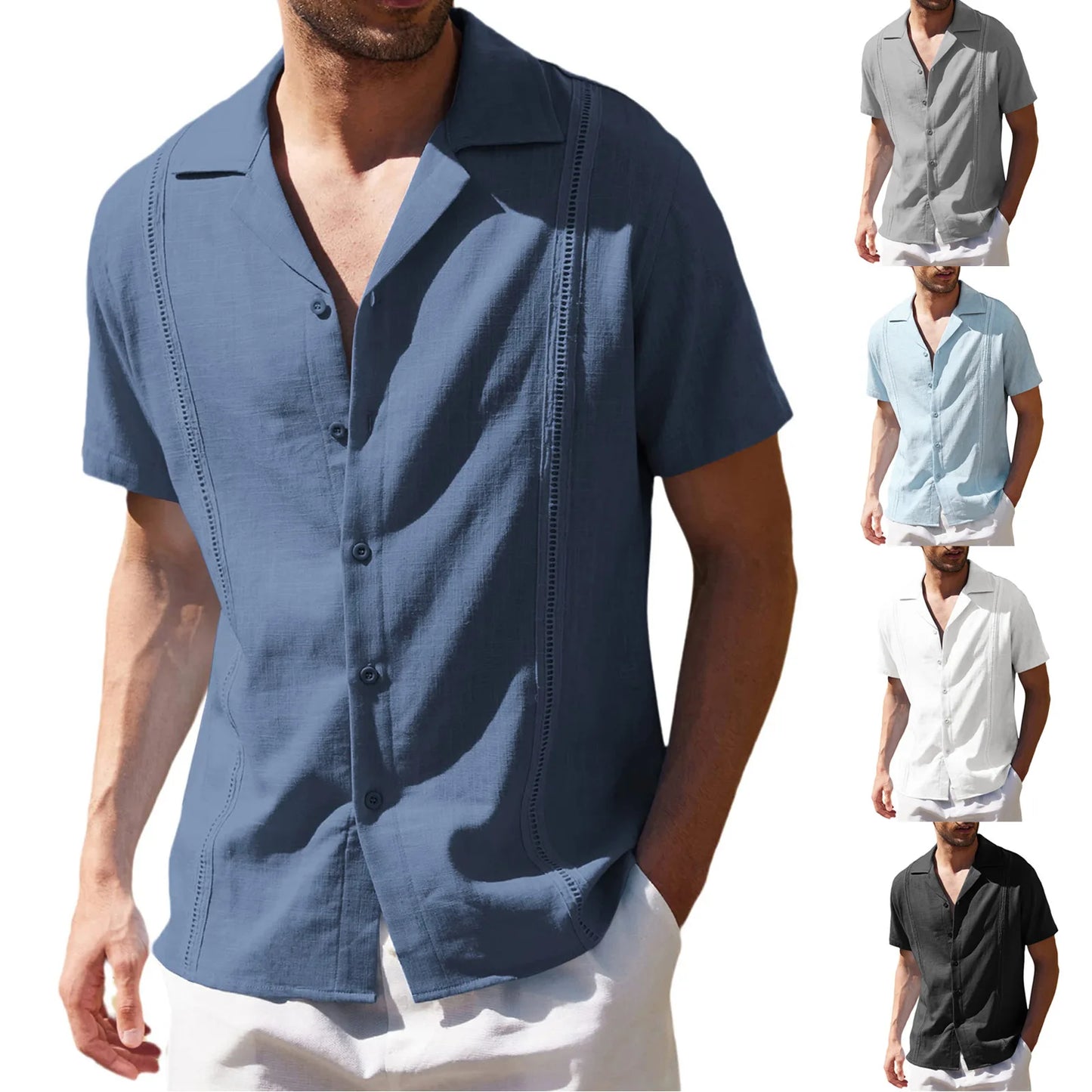 Men's Loose Casual Linen Shirt Cuba Guayabella Short-Sleeved Beach Shirt Men