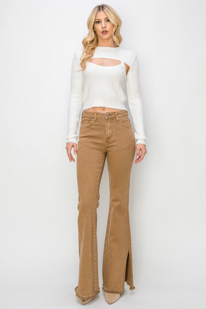 RISEN Brown Side Slit Flared Leg Denim Jeans - - jeans