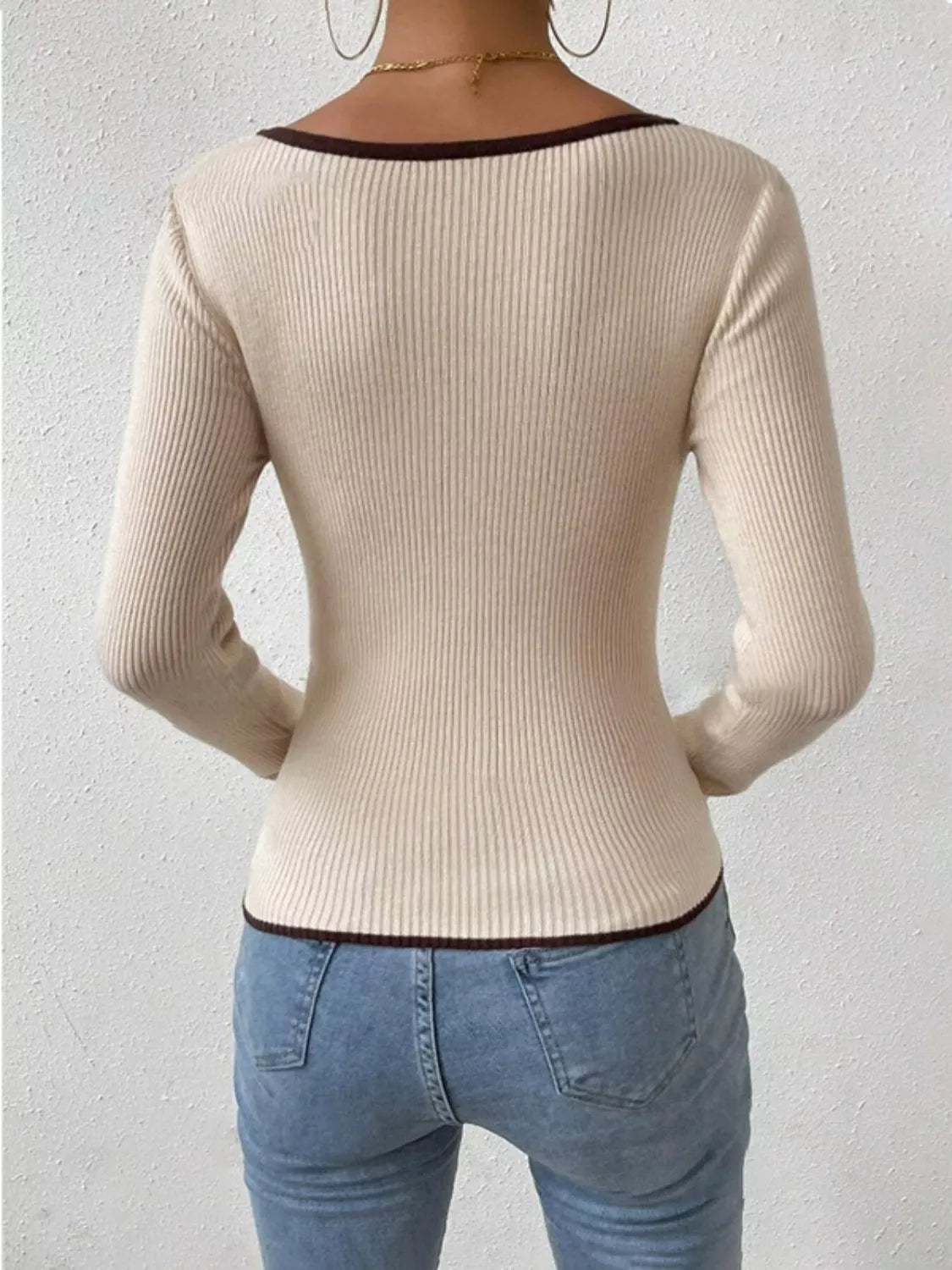 Contrast Trim Long Sleeve Knit Top - -