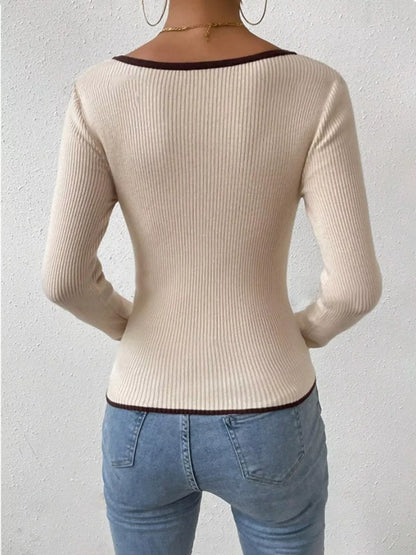 Contrast Trim Long Sleeve Knit Top - -