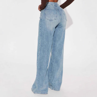 Straight-leg Washed Street-style Womens Jeans - - Jeans