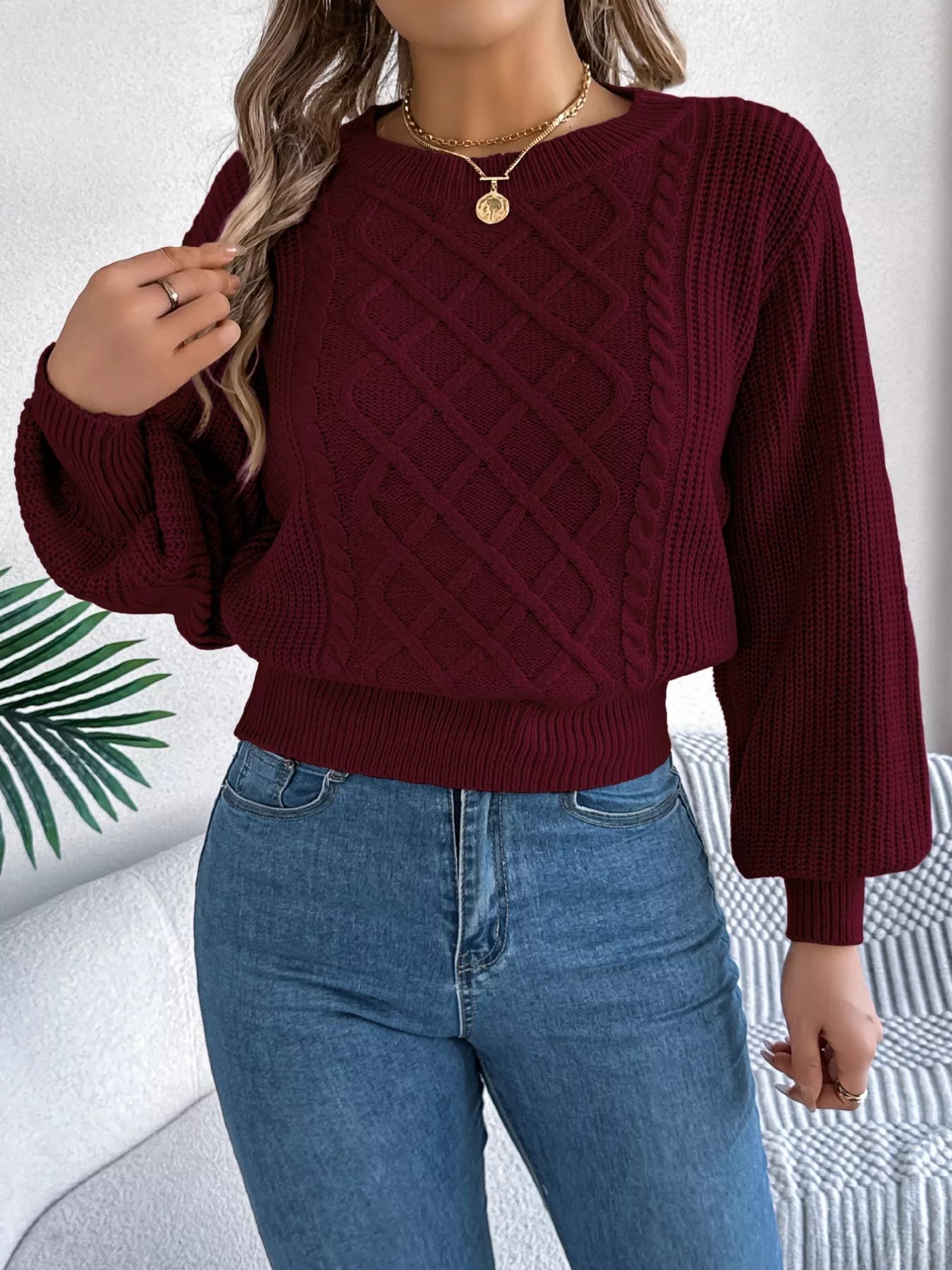 Cable Knit Diamond Pattern Long Sleeve Sweater - -