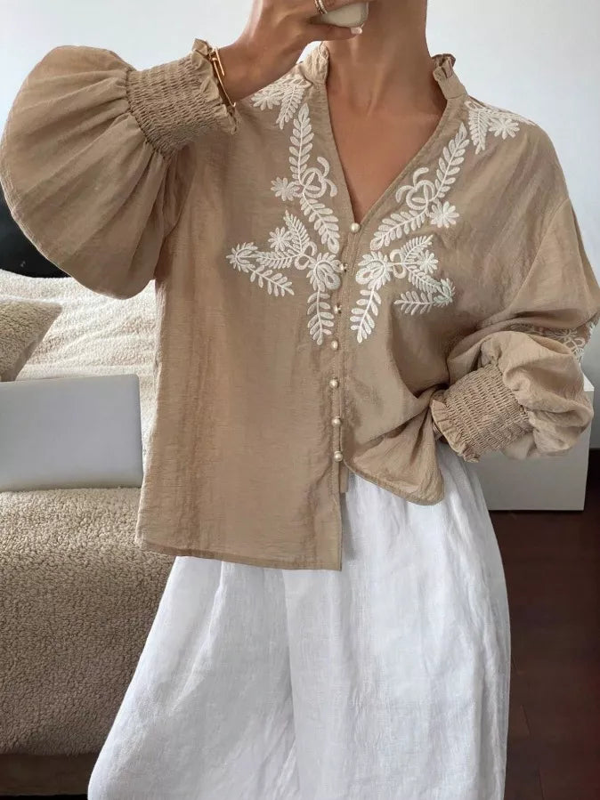 Embroidered Notched Long Sleeve Blouse - -