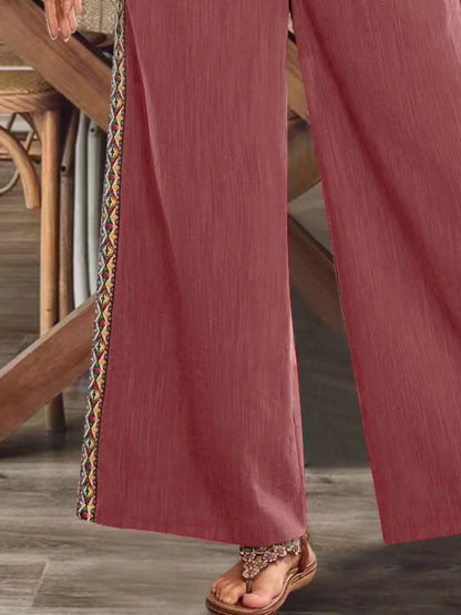 Bohemian Wide Leg Embroidered Side Stripe Pants - -