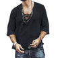 Mens Tee Shirt Solid Tops Pullover v Neck Lace-Up Loose Top Casual Half Sleeve Black