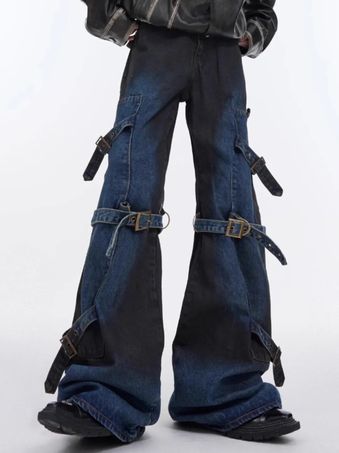 Men's Plus Size Buckle Strap Washed Flare Jeans - Navy -