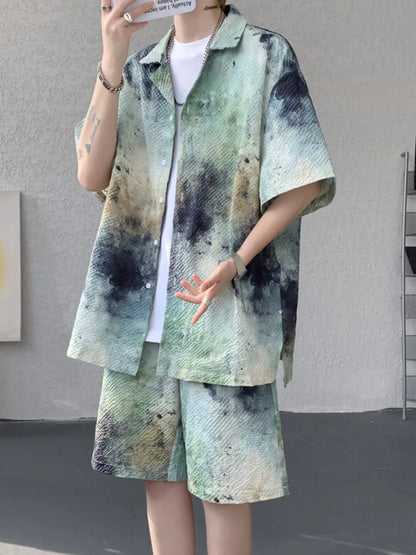 Men's Plus Size Tie-Dye Print Shirt and Shorts Set - Gum Leaf -