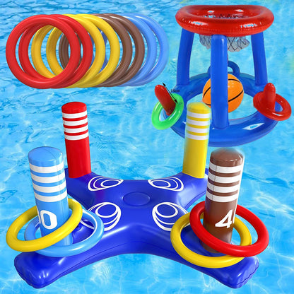 Inflatable Basketball Hoop for Pool Games Outdoors - Blue ring basketball stand + cross +8 rings 1 ball 1 gas cylinder - pool toy
