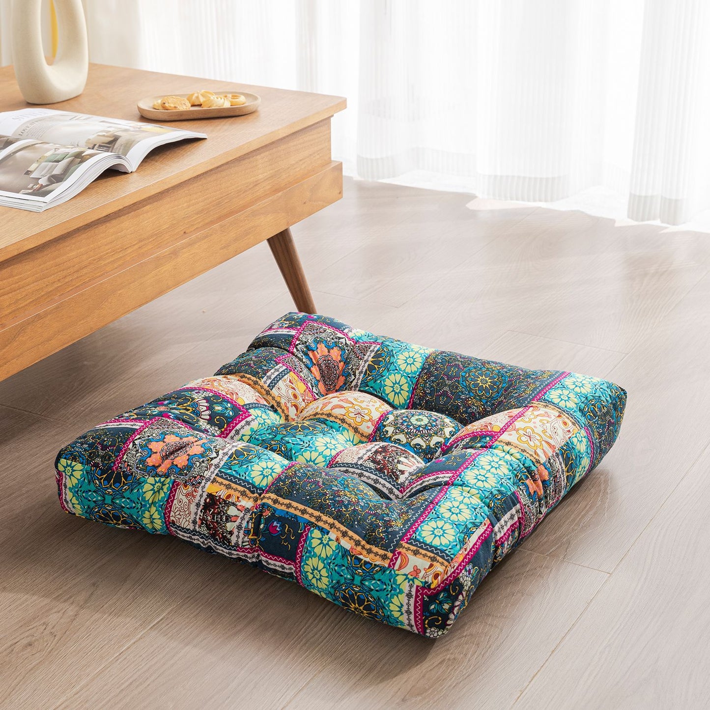 Japanese-Style Cotton Futon Floor Cushion (Round or Square) - Square 7 Style - Floor Cushion