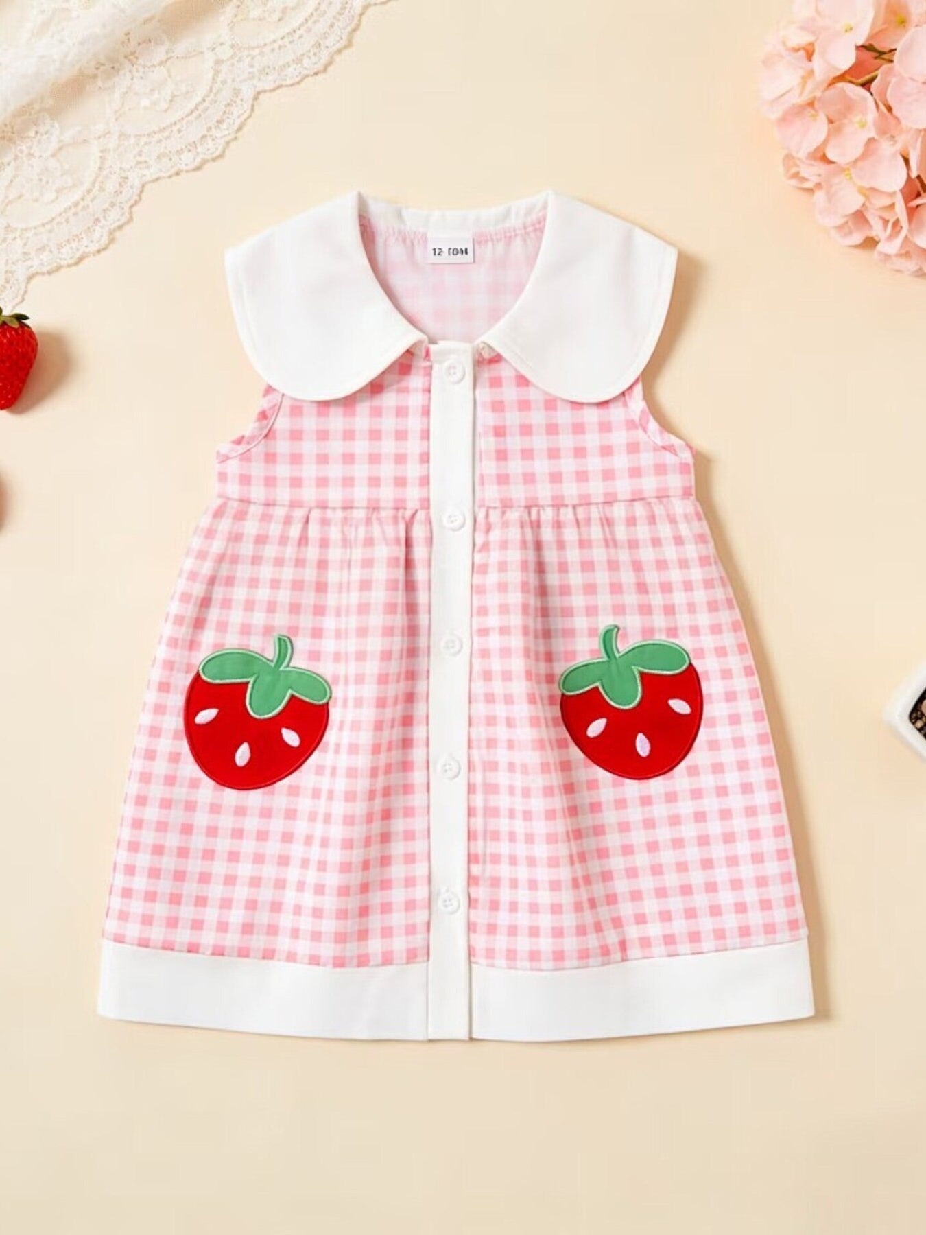 Children's Fruit Embroidered Sleeveless Plaid Dress - Pink -