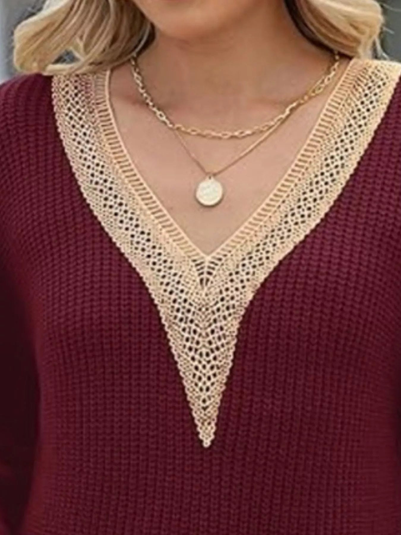 Openwork V-Neck Long Sleeve Sweater - -