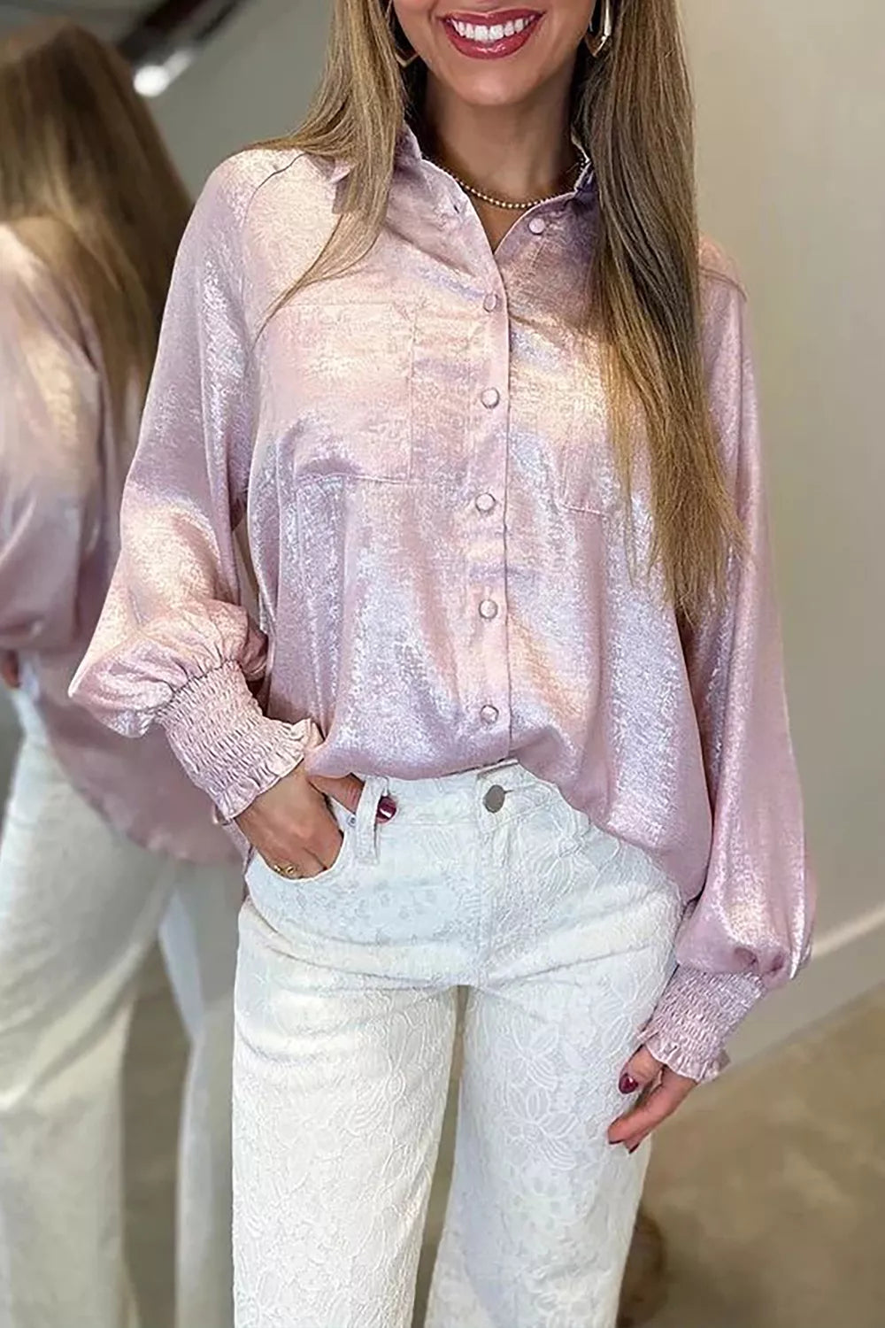 Long Sleeve Button Front Ruffle Cuffs Back Paneling Shirt - Pink Purple -