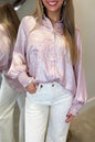 Long Sleeve Button Front Ruffle Cuffs Back Paneling Shirt - Pink Purple -