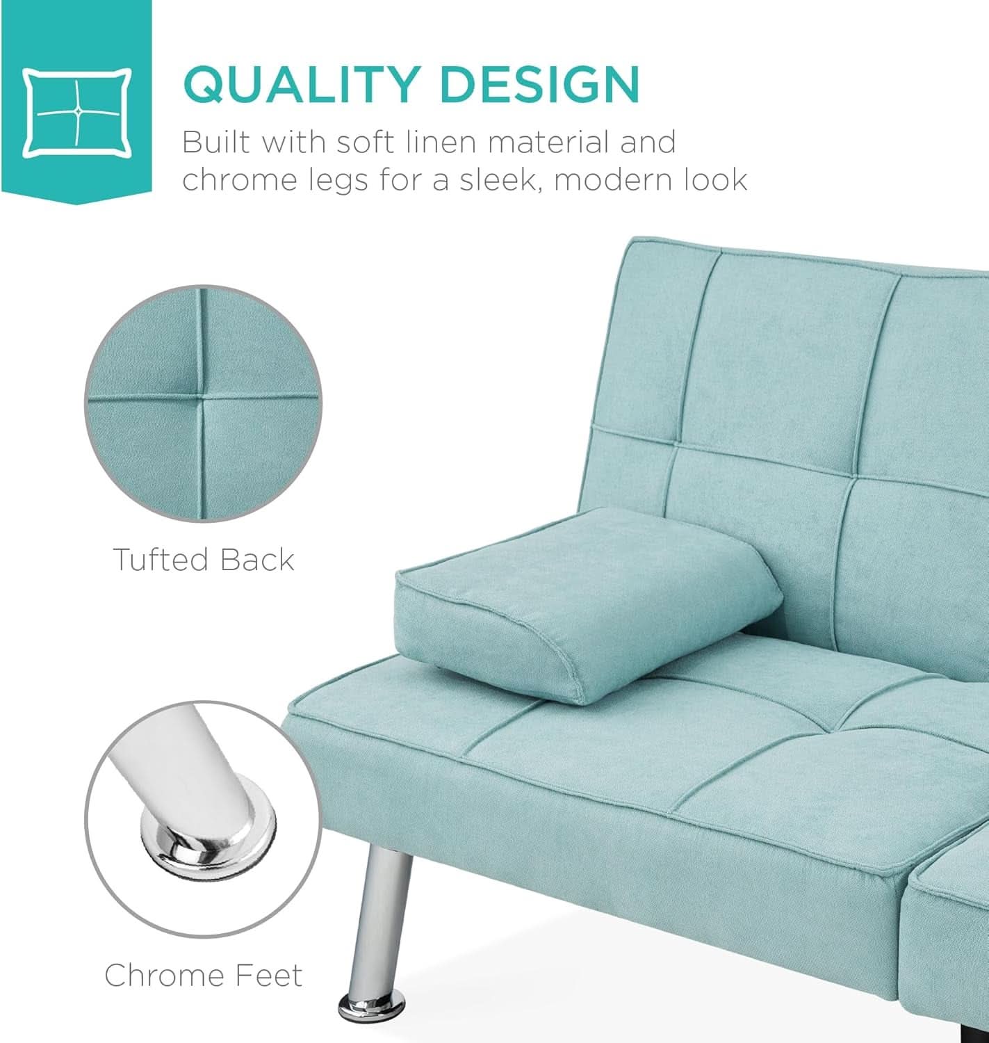 Linen Folding Futon Sofa Bed Aqua With Removable Armrests- ShipItFurniture- {{Product type}}