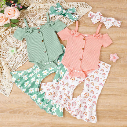 Solid Color Sling Off-shoulder Top Floral Bell-bottom Pants Suit- Baby Joy- {{Product type}}