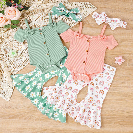 Solid Color Sling Off-shoulder Top Floral Bell-bottom Pants Suit - - 0