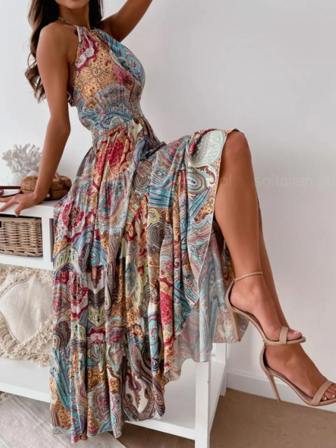 Printed Halter Neck Maxi Dress - -