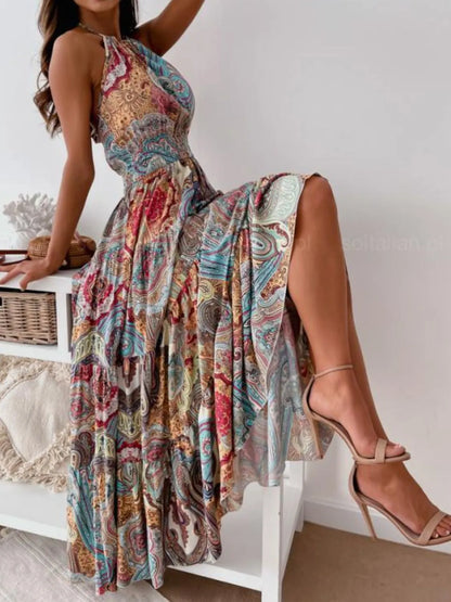 Printed Halter Neck Maxi Dress - -