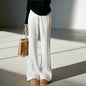 Ladies High Waist With Solid Color Loose Lace-Up Casual Knit Pants White