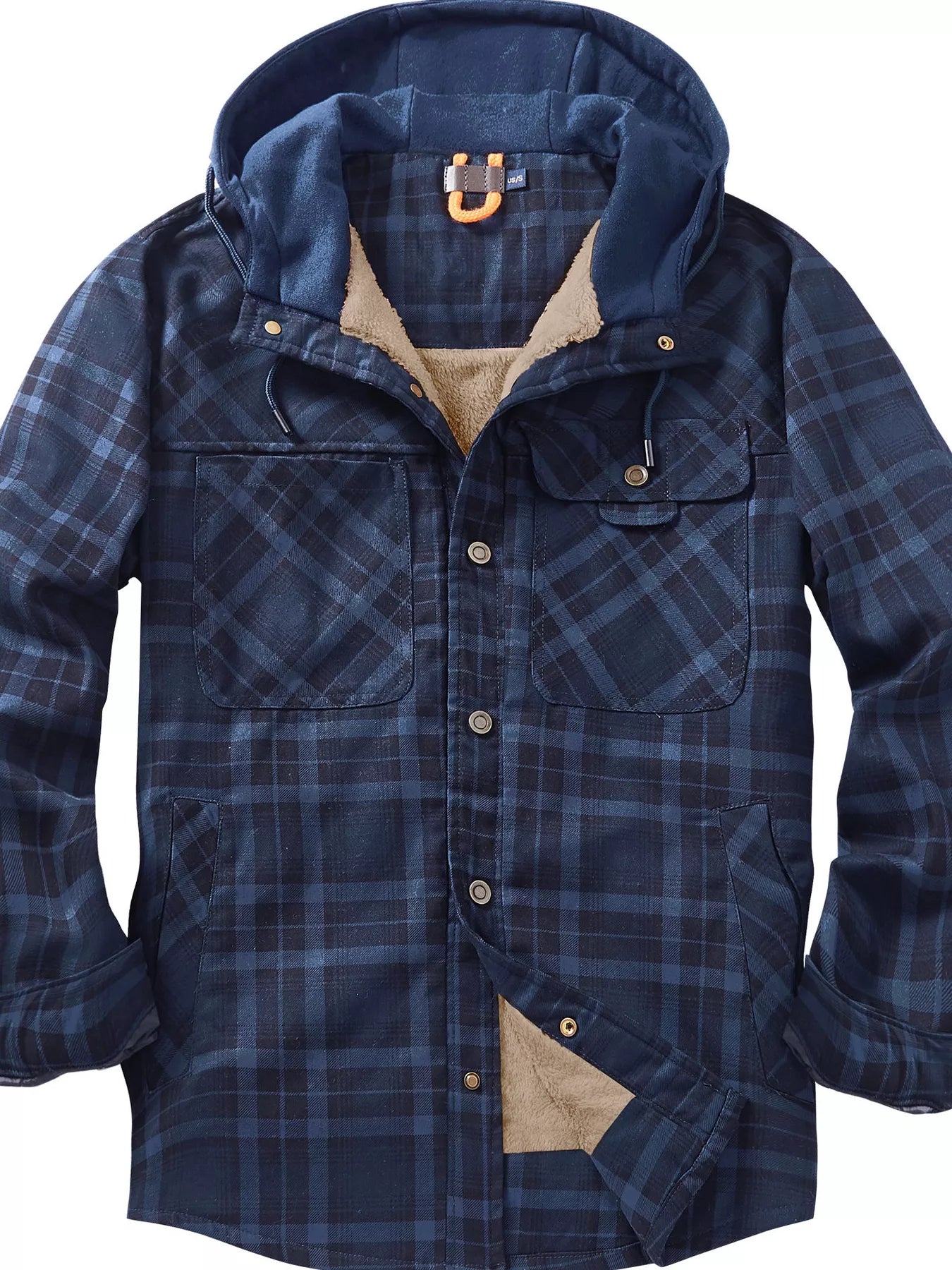Men's Snap Down Plaid Flannel Hooded Jacket - Dark Blue -