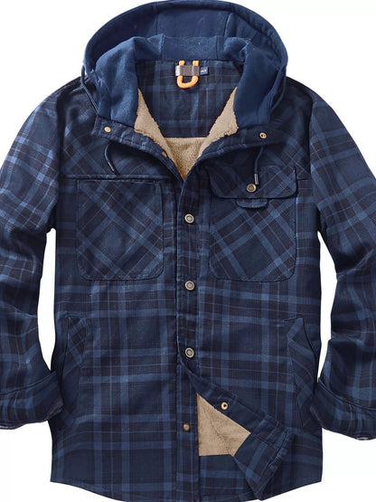 Men's Snap Down Plaid Flannel Hooded Jacket - Dark Blue -