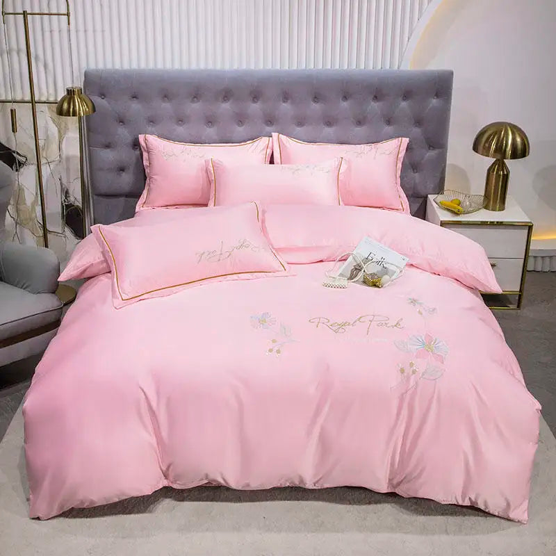 Organic Embroidered 4pcs Silky Satin Bedding Set