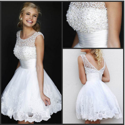Ivory Short Lace Wedding Dress - -