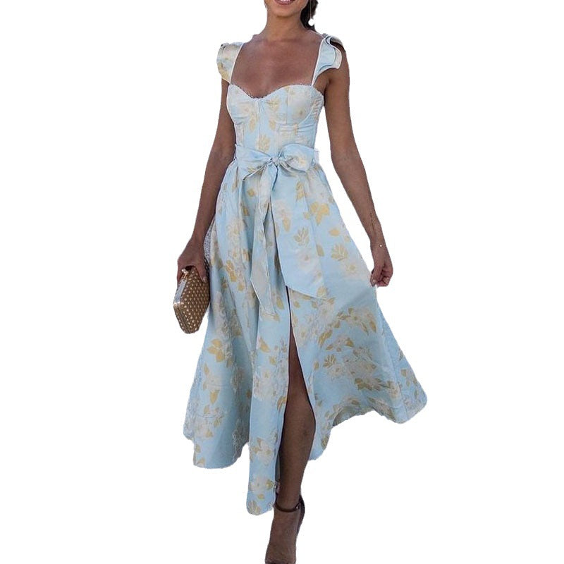 Summer Vintage Floral Print Strappy Dress - - dress
