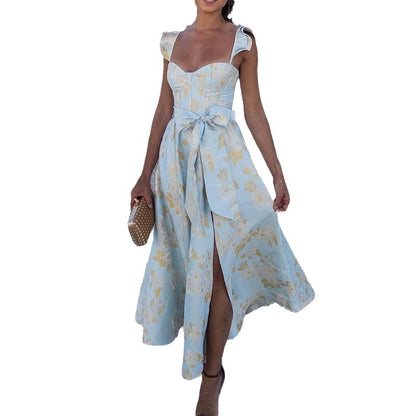 Summer Vintage Floral Print Strappy Dress - - dress