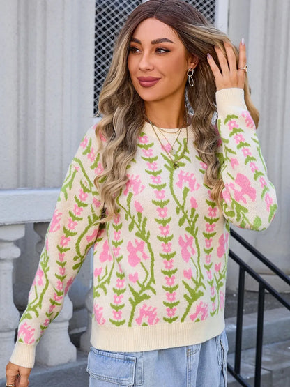 Angel Wings Flower Round Neck Long Sleeve Sweater - -