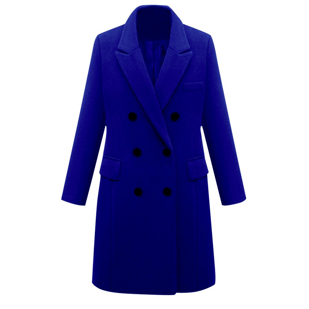 Women Lapel Collar Double Breasted Coats Solid Woolen Overcoat