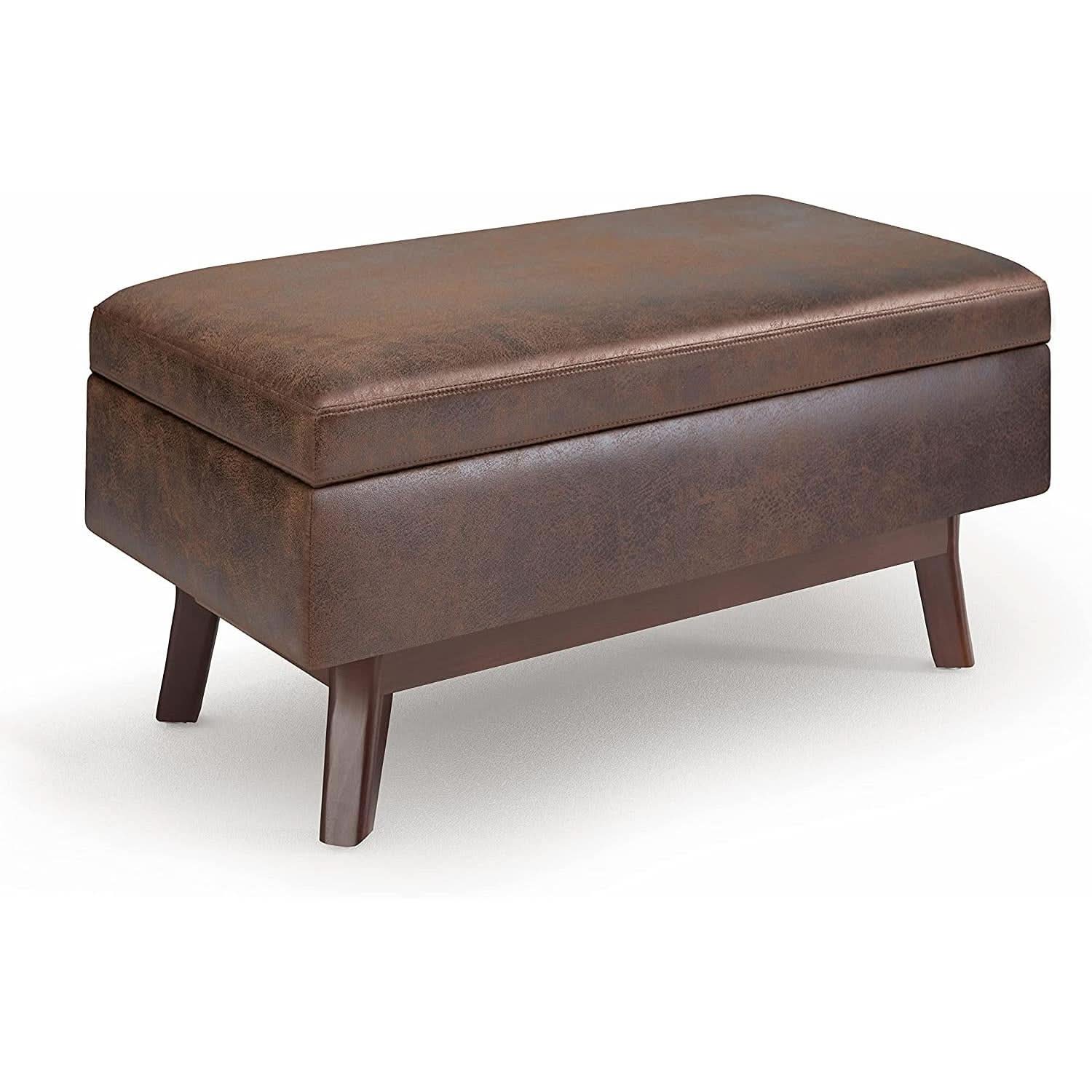 Mid Century Storage Ottoman 36W Chestnut Faux Leather- ShipItFurniture- {{Product type}}