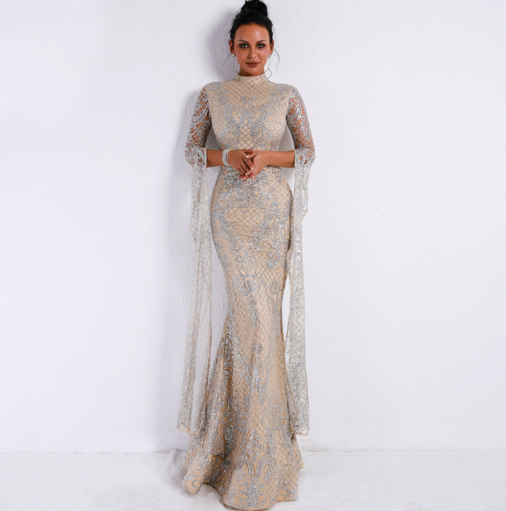 Sparkling High Neck Evening Gown - - dress