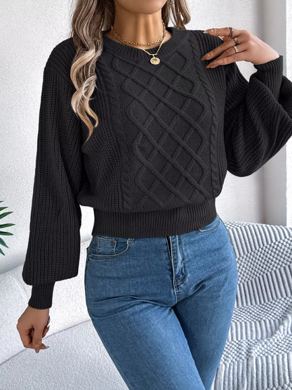 Cable Knit Diamond Pattern Long Sleeve Sweater - Black -