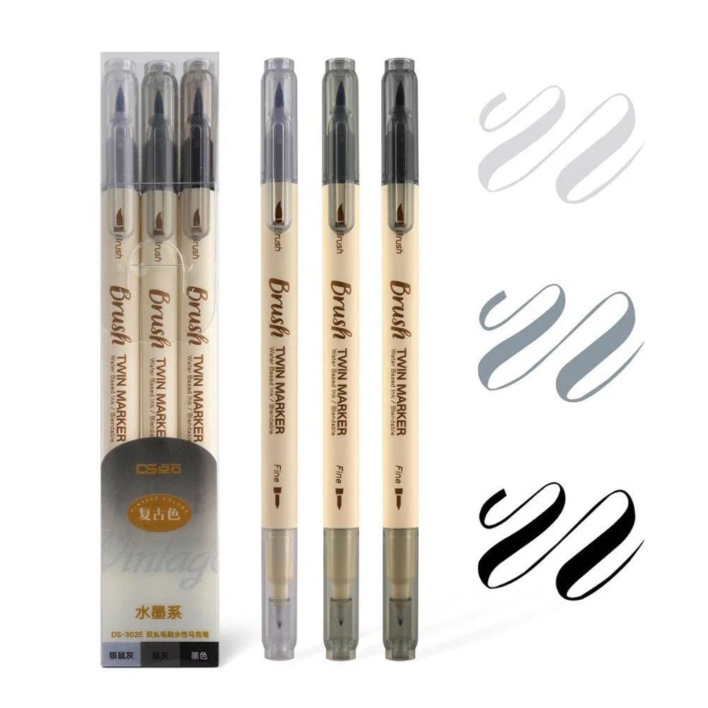 3Pcs Twin Marker Pens Fine Liner Water Based Ink Blendable Watercolor