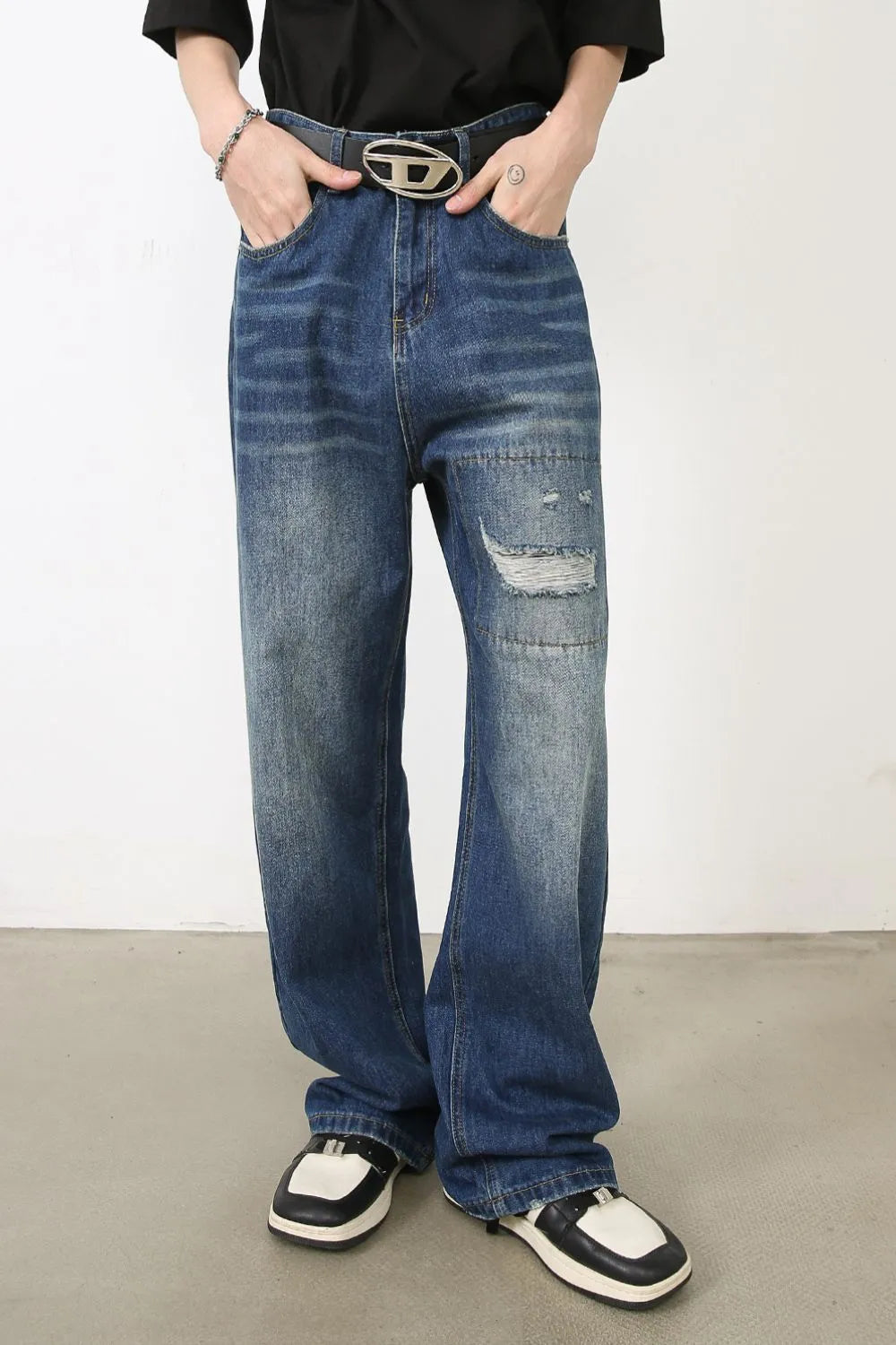 Men's Distressed Jeans with Pockets - -