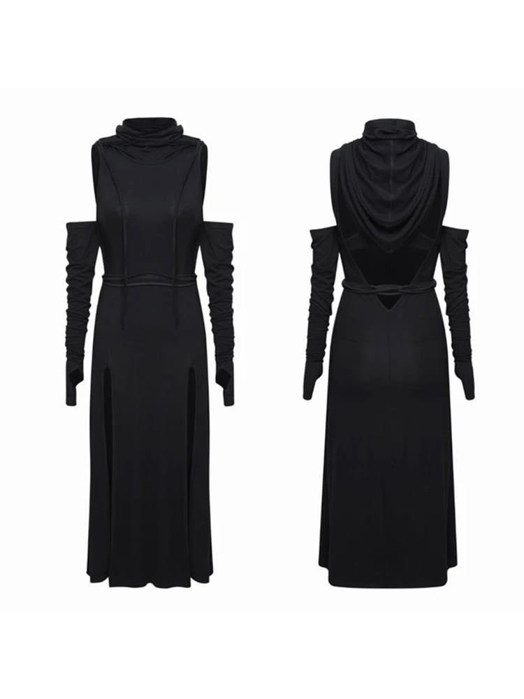 Womens Retro Hooded Slit Long Dress - Black L - dress