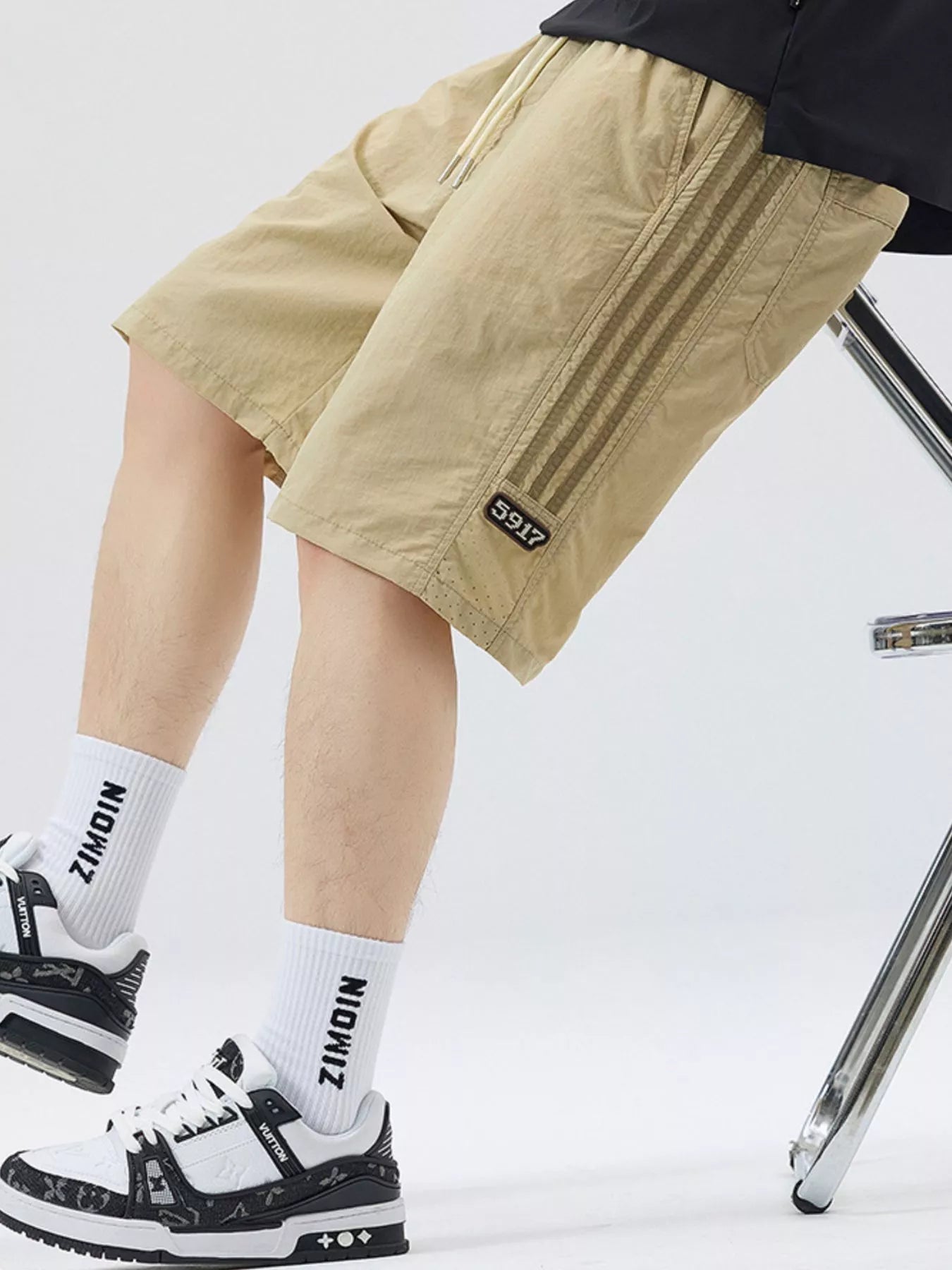 Men's Full Size Casual Loose-Fit Drawstring Shorts with Stripe Detail Plus Size - Khaki -