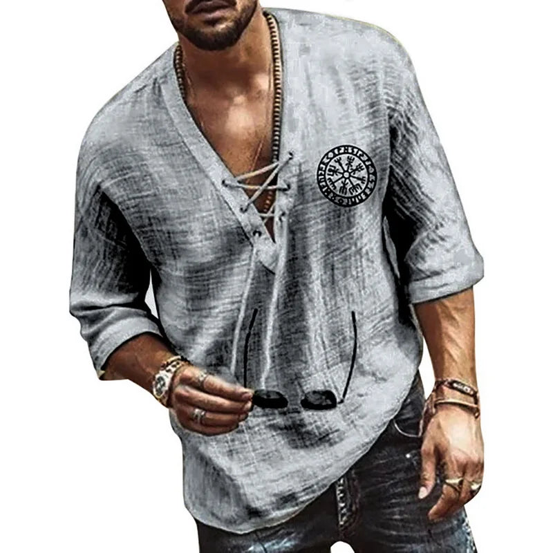 Men's Tee Shirt Solid Tops Pullover v Neck Lace-Up Loose Top Casual Half Sleeve